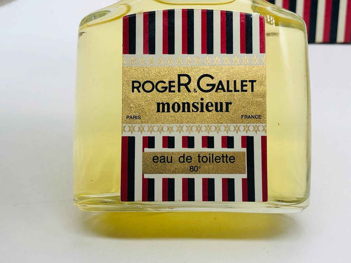 Profumo Monsieur Roger Gallet Vintage in bottiglia con etichetta classica in oro e strisce colorate