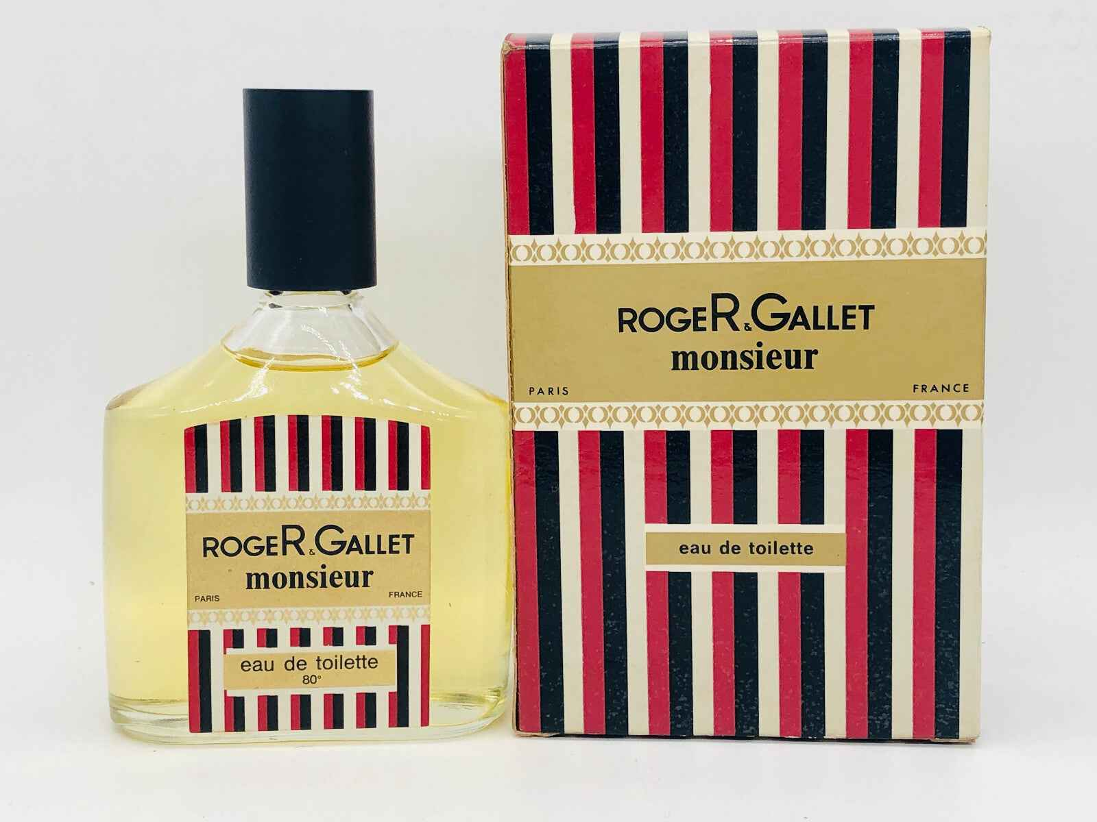 Eau de Toilette Monsieur Roger Gallet Vintage con flacone elegante e packaging a strisce