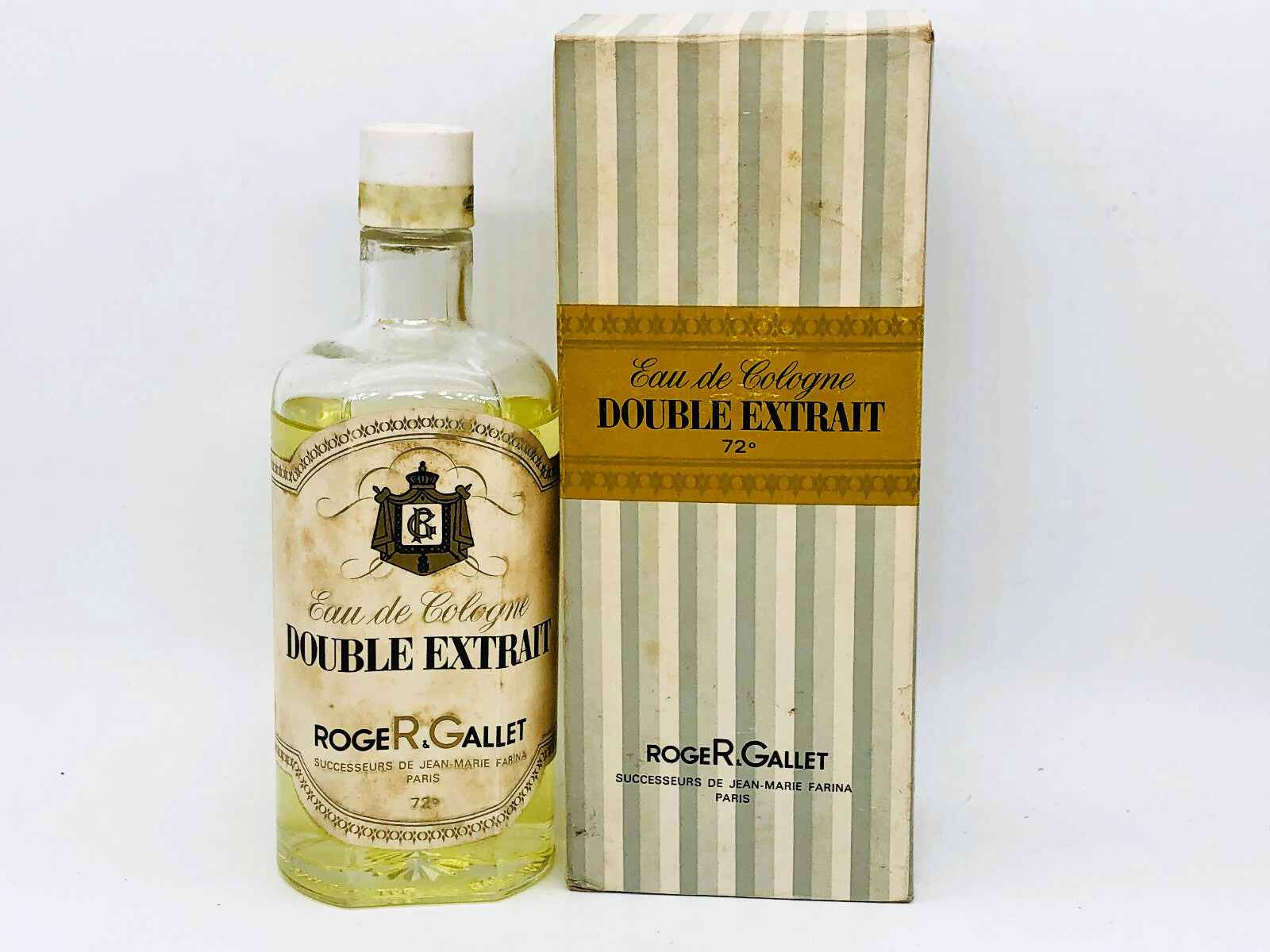 Flacone di profumo Roger & Gallet Vintage con confezione elegante in strisce bianche e dorate