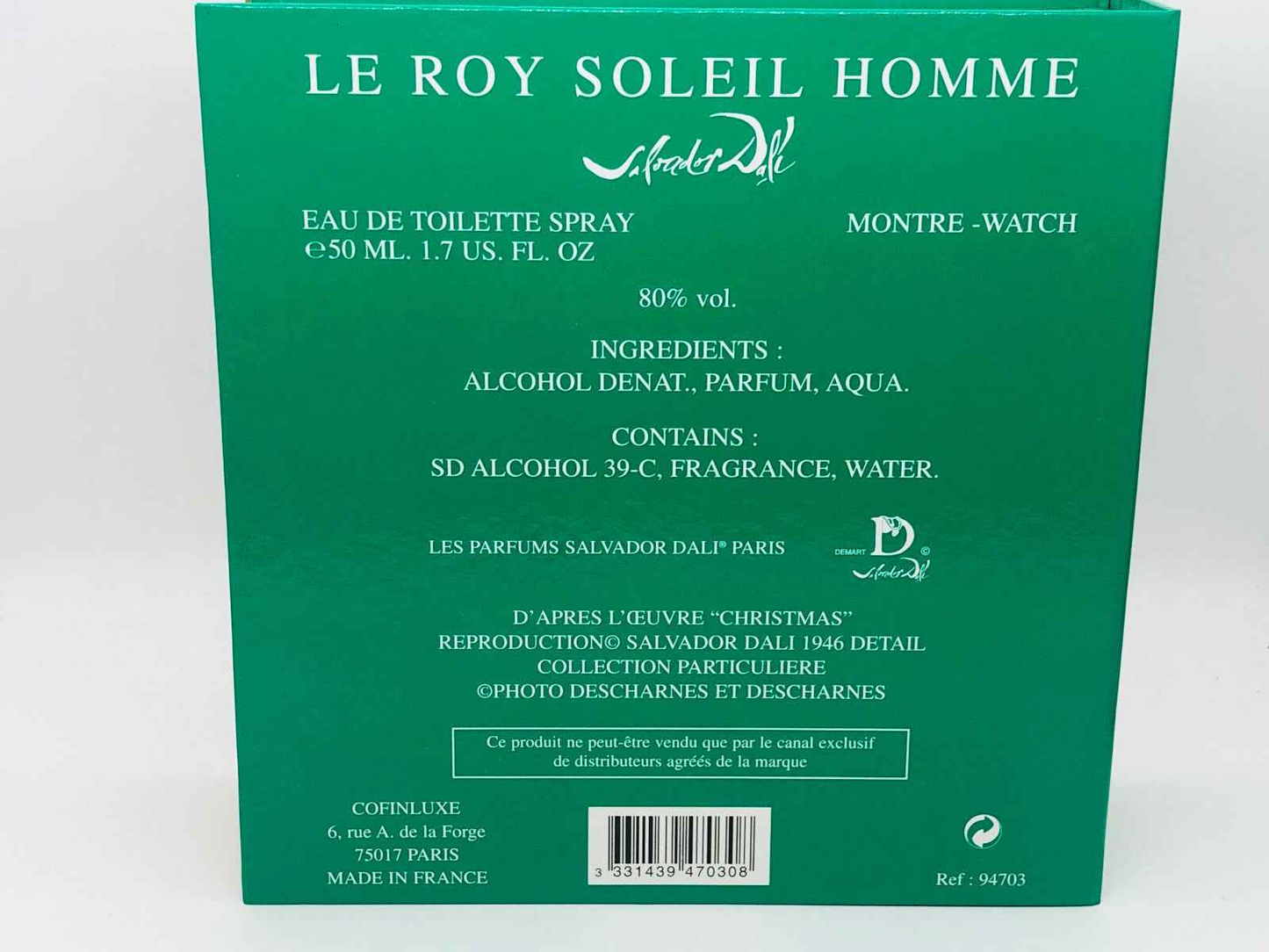 Scatola del profumo Le Roy Soleil Salvador Dali con dettagli sugli ingredienti e volume di 50 ml