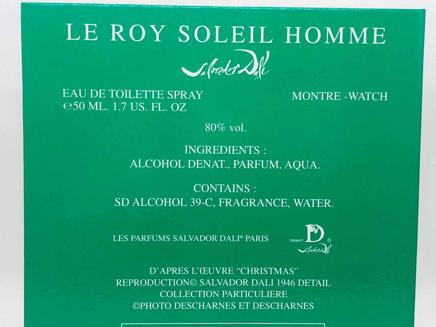 Retro della confezione del profumo Le Roy Soleil Salvador Dali con ingredienti e dettagli del prodotto.