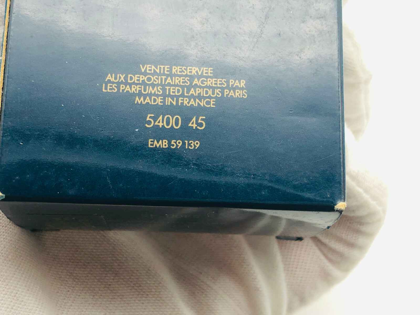 Scatola del profumo Ted Lapidus Envol Vintage con dettagli di produzione e informativi in francese