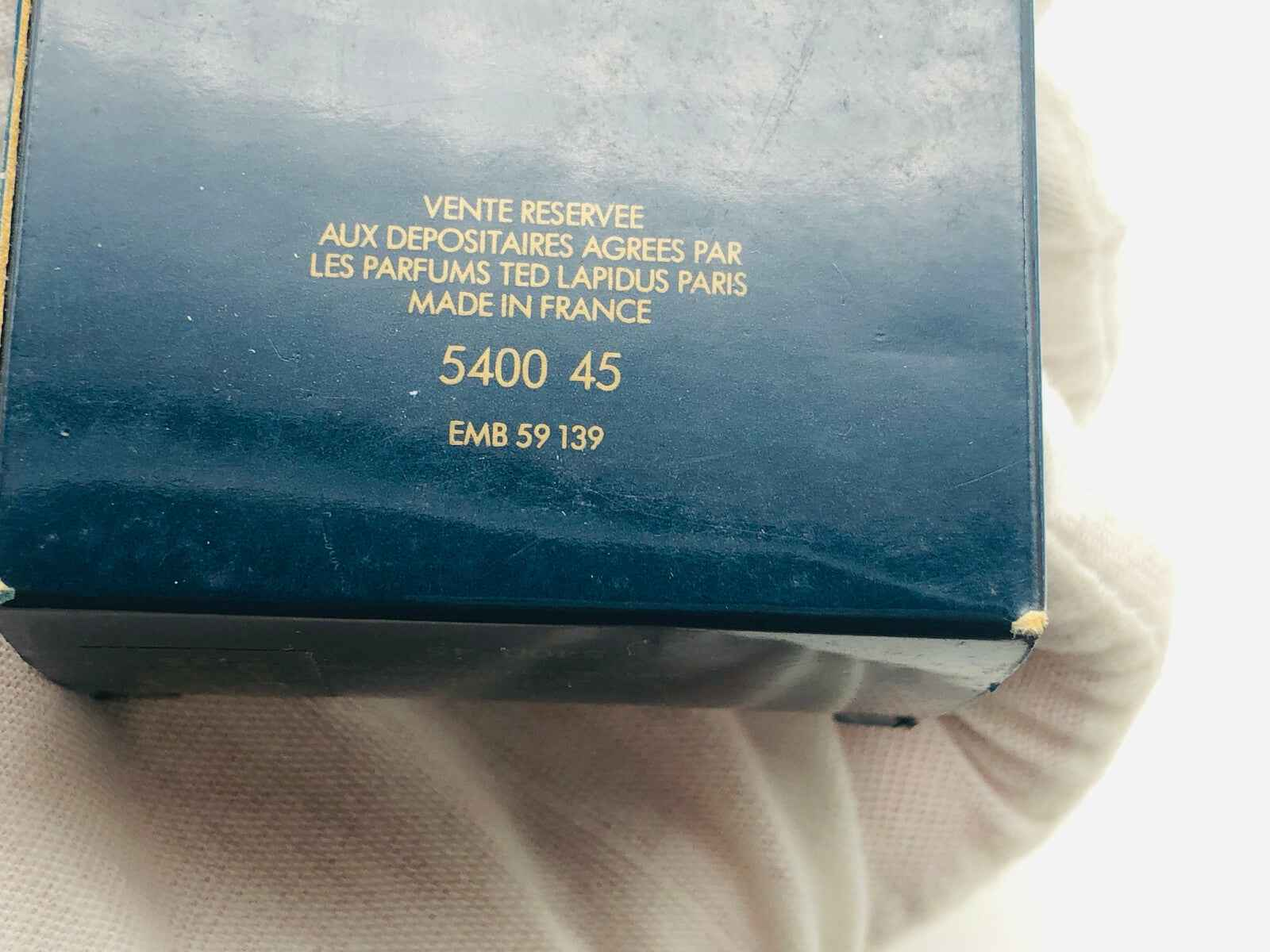 Scatola del profumo Ted Lapidus Envol Vintage con dettagli di produzione e informativi in francese