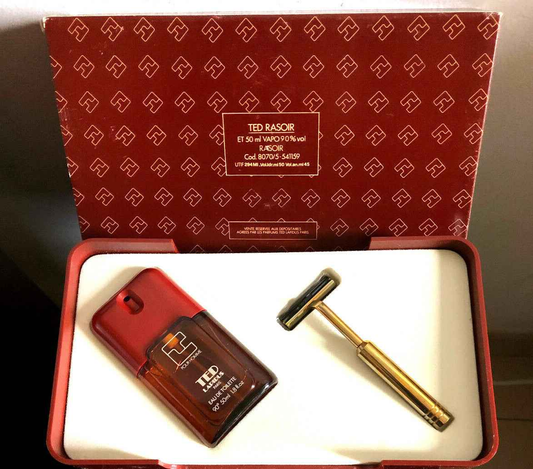 Set regalo Ted Lapidus Pour Homme con profumo e rasoio dorato in confezione elegante rossa