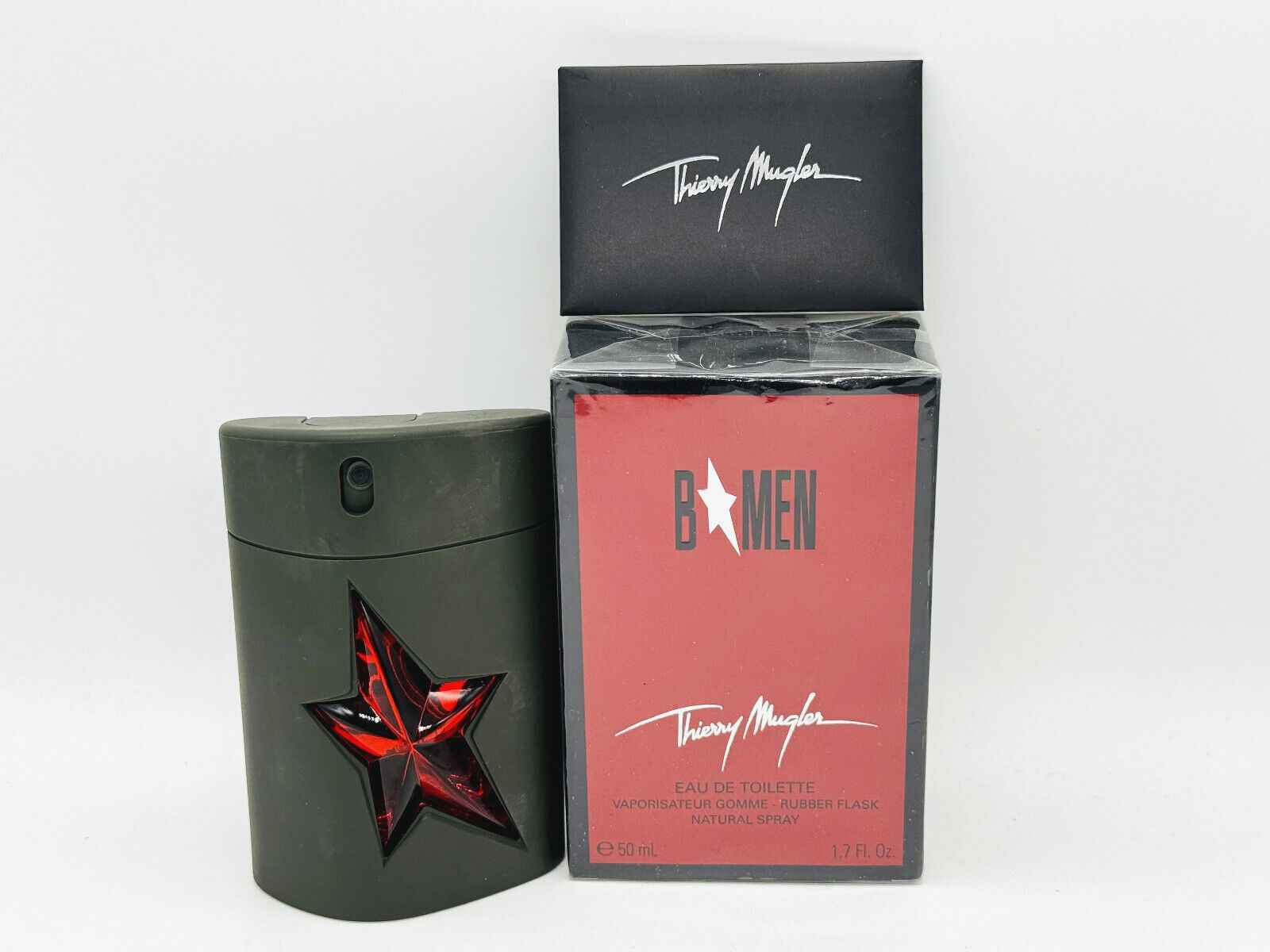 Profumo Mugler B Men Vintage in bottiglia verde con scatola rossa, aroma maschile audace