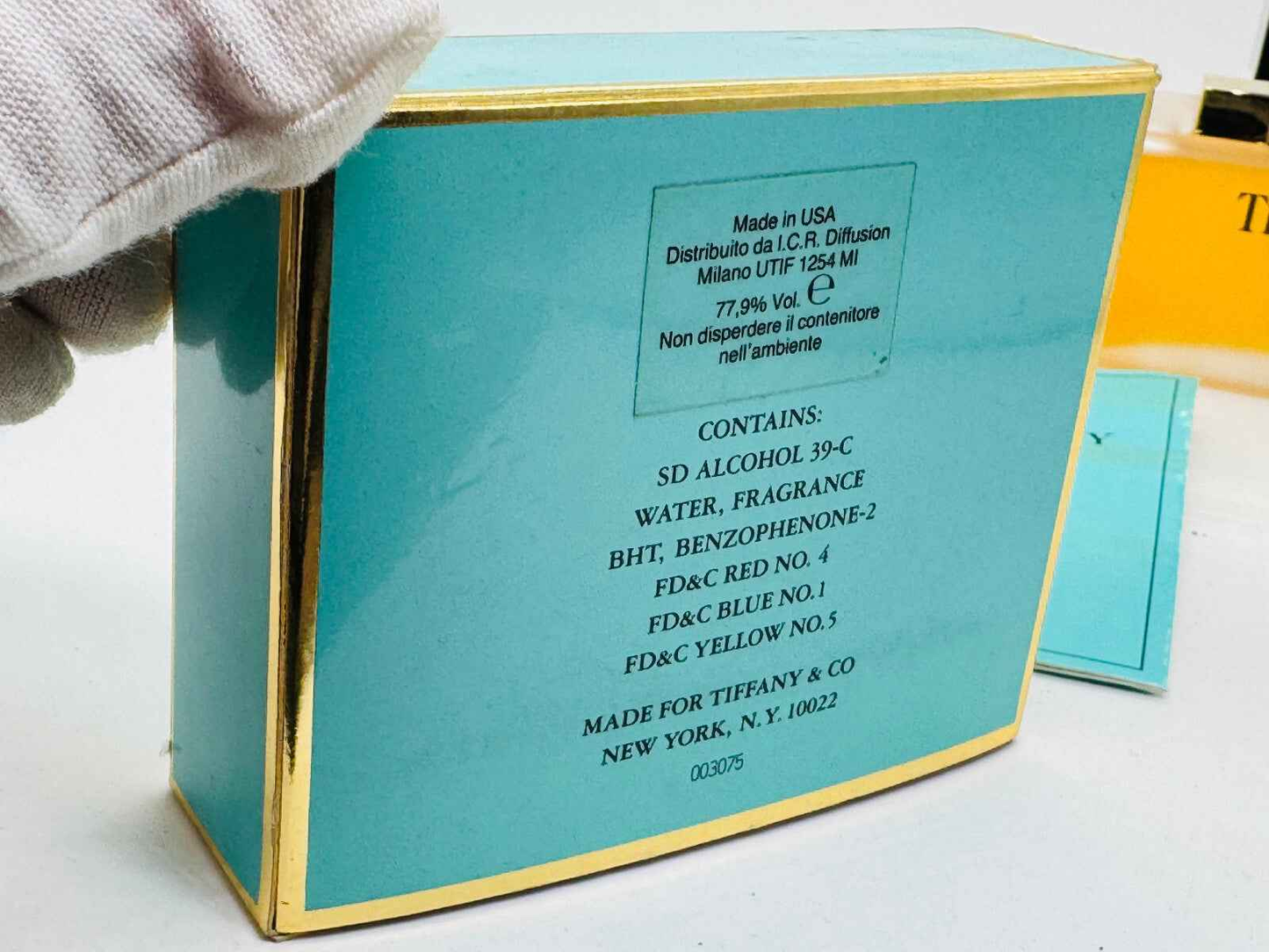 Scatola del profumo Tiffany & Co Vintage con dettagli sui contenuti e design elegante