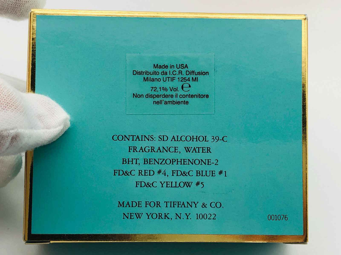 Scatola di profumo Tiffany Vintage Donna con etichetta informativa sul contenuto e il marchio di Tiffany & Co.