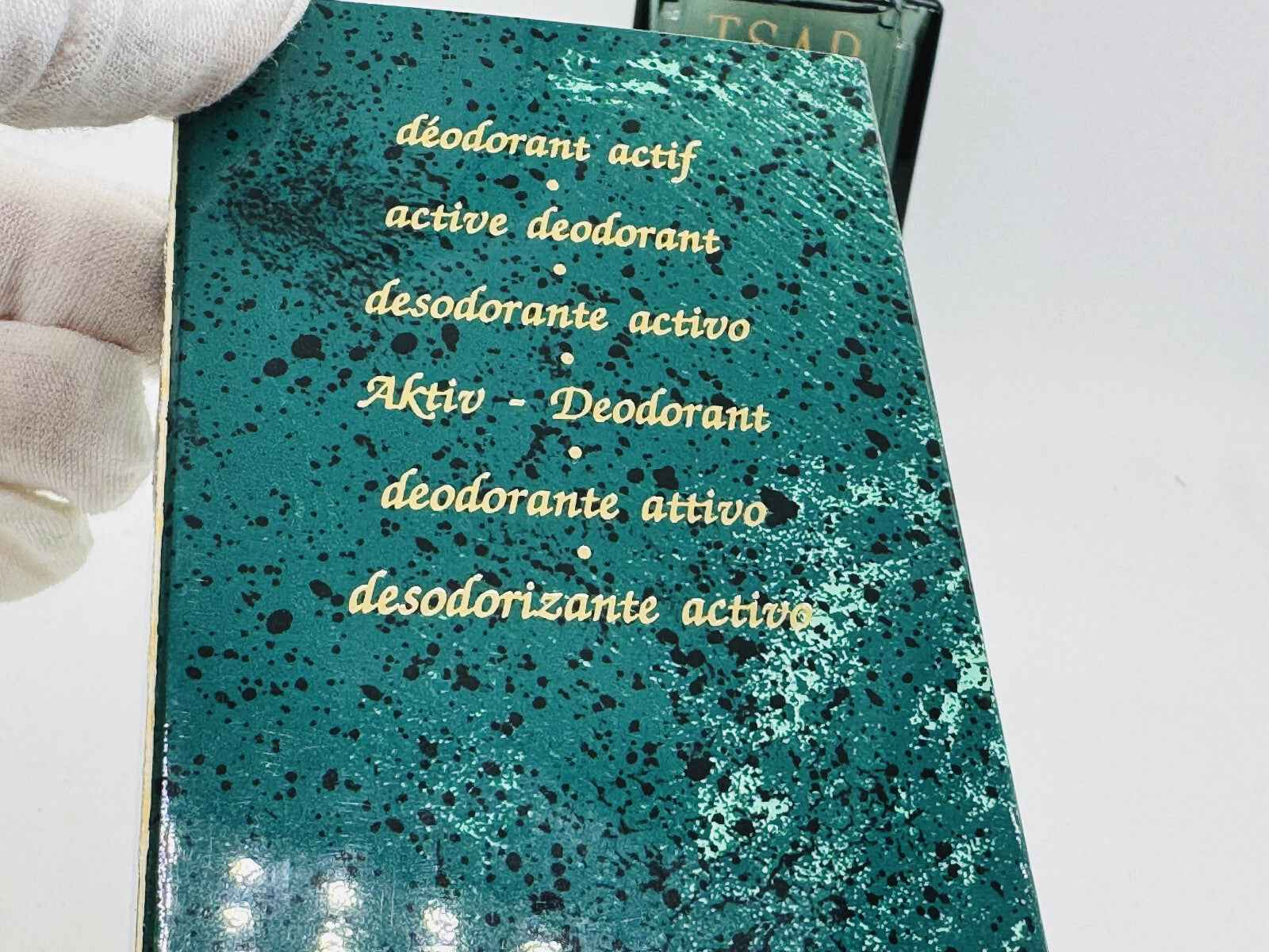 Flacone di deodorante Tsar Van Cleef Arpels Vintage con etichetta verde e dettagli dorati