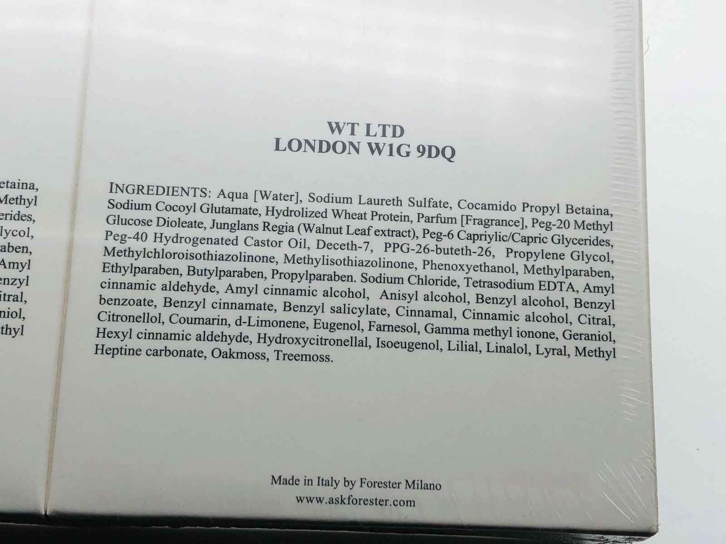 Ingredienti del prodotto Washington Tremlett My Fair Lady su confezione ben visibile