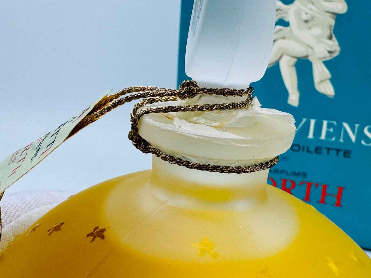 Bottiglia di profumo vintage Worth Je Reviens con tappo in vetro e decorazioni dorate