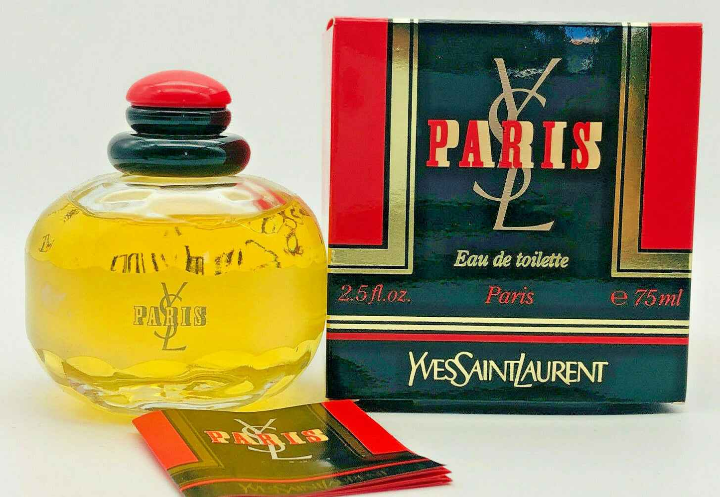 Profumo Ysl Paris in flacone elegante con confezione rossa e nera da 75ml