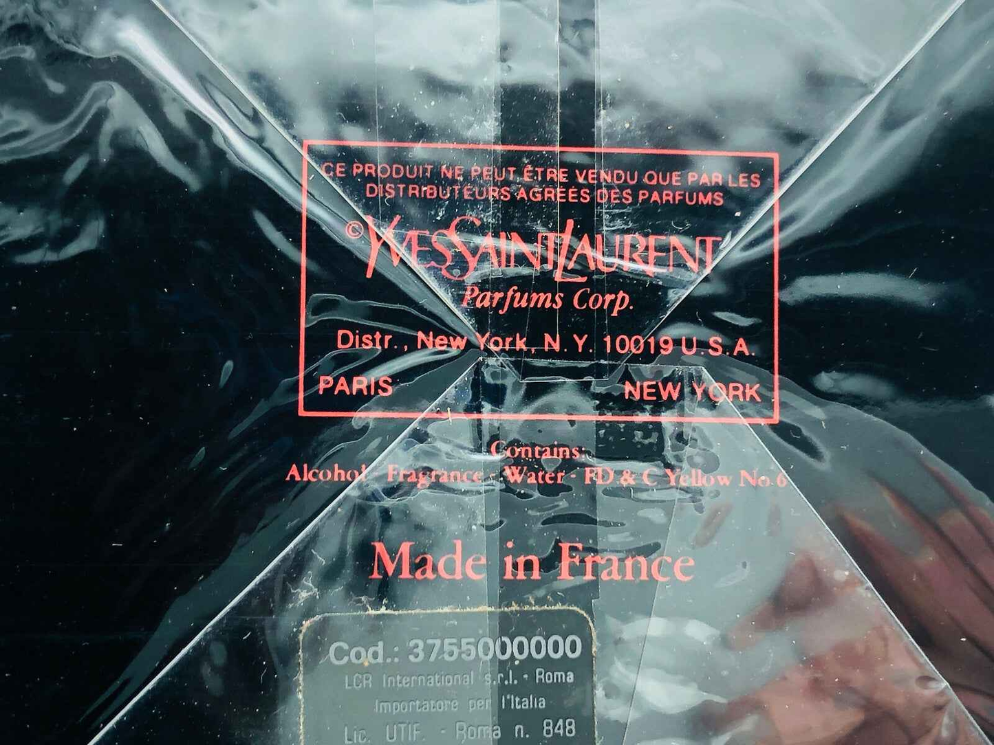 Flacone di profumo Ysl Paris Vintage con etichetta di produzione in Francia e dettagli di distribuzione