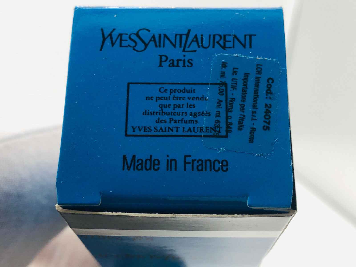 Scatola di profumo Ysl Rive Gauche Vintage con dettagli blu e marchio Yves Saint Laurent