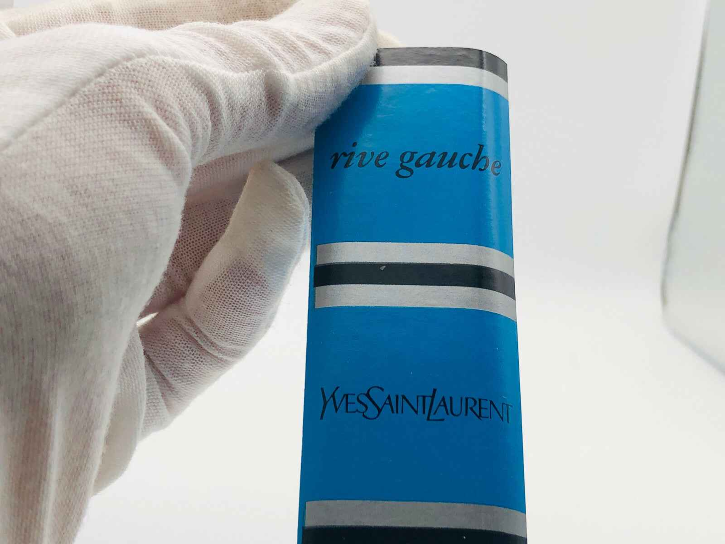 Scatola vintage Ysl Rive Gauche con strisce blu e nere, firmata Yves Saint Laurent