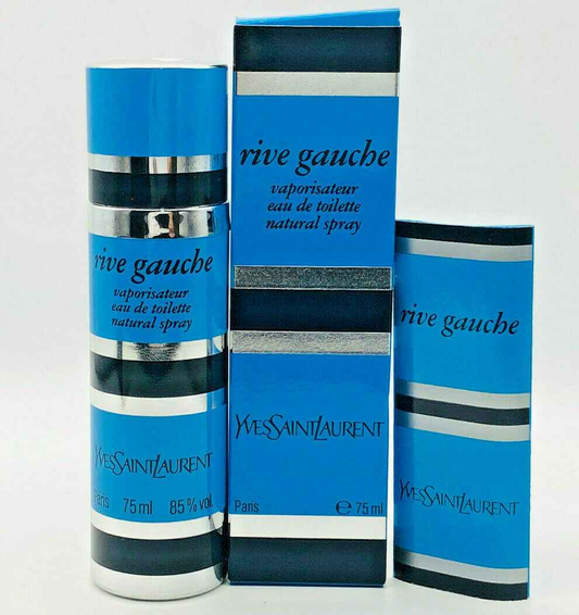 Ysl Rive Gauche Vintage Eau de Toilette in 75ml with a classic blue and silver packaging