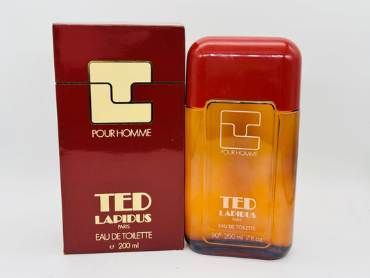 Flacone ambrato e scatola marrone del profumo vintage Ted Lapidus Pour Homme 1978 200
