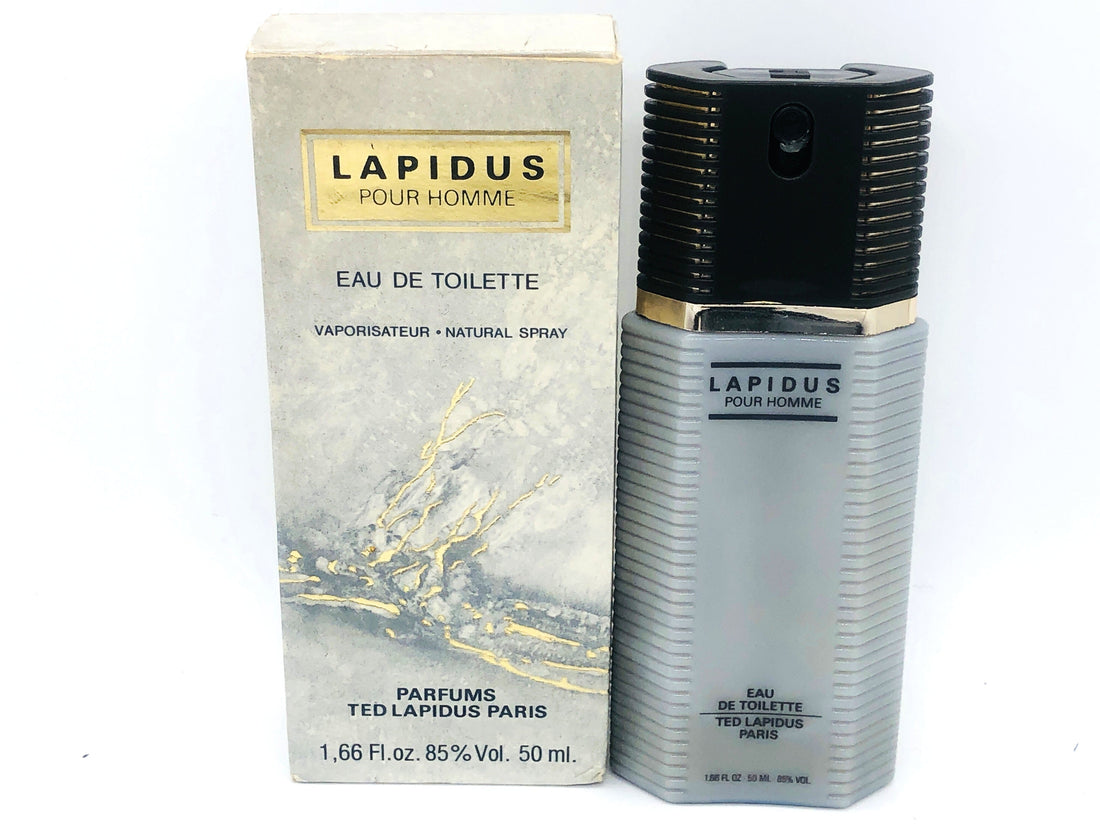 Flacone grigio del profumo Lapidus Pour Homme 1987, fragranza maschile vintage intensa al miele, incenso e tabacco