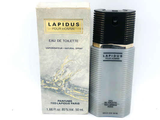 Flacone grigio del profumo Lapidus Pour Homme 1987, fragranza maschile vintage intensa al miele, incenso e tabacco