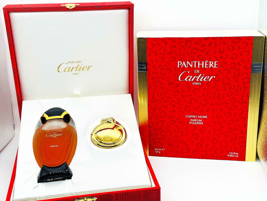 Profumo Vintage PANTHERE CARTIER Parfum 50 ml Coffret Moire Estratto Extrait + perfumed powder