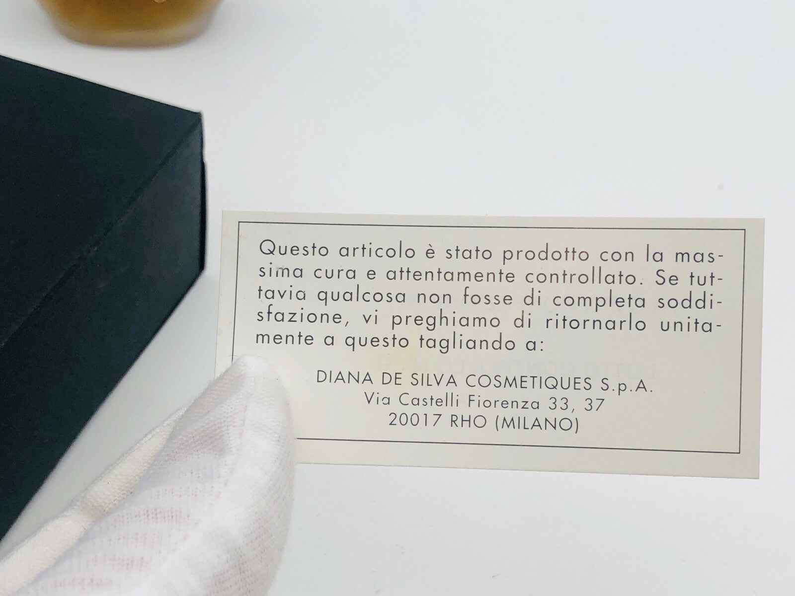 Etichetta di controllo del Profumo Allegri Vintage di DIANA DE SILVA con dettagli sulla produzione