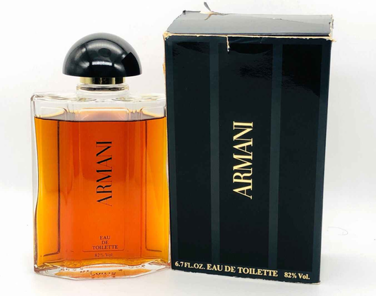 Profumo Vintage Armani in bottiglia con tappo nero e scatola originale, elegante e raffinato