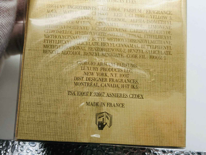Scatola di Profumo Armani Sensi con ingredienti e dettagli del prodotto sul retro