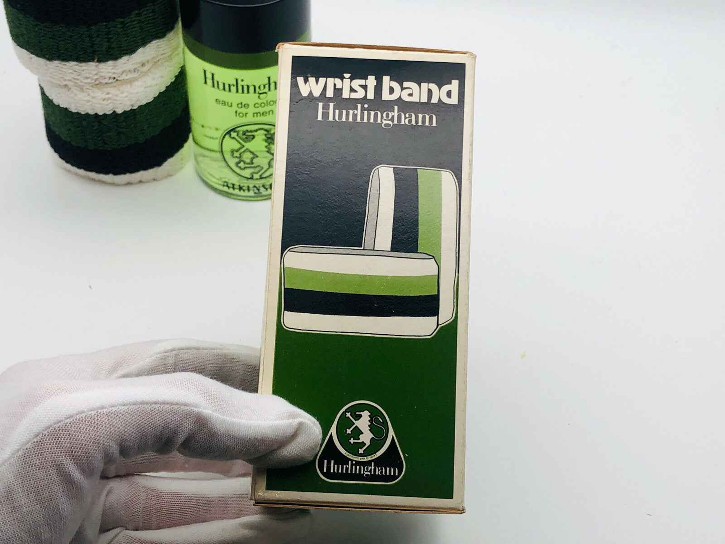 Scatola del profumo Atkinsons Hurlingham Vintage con braccialetto coordinato in colori verde e nero