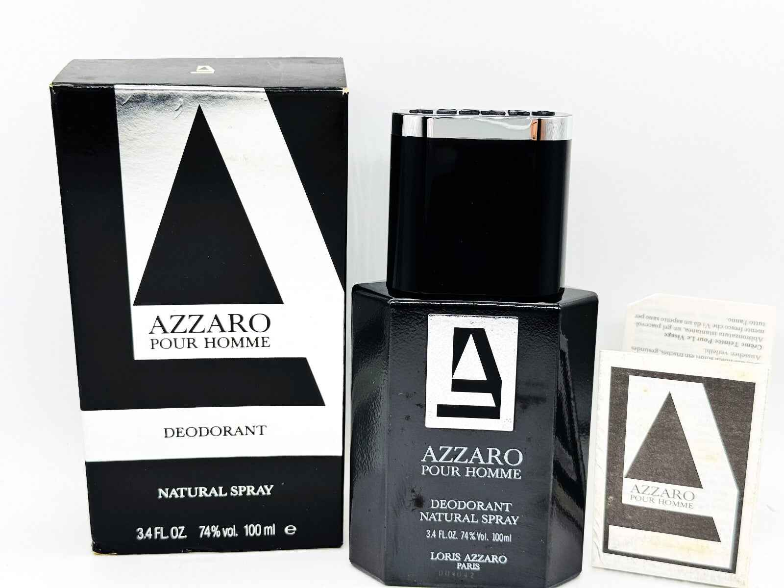 Deodorante Azzaro Pour Homme Vintage in confezione con spruzzatore da 100 ml e istruzioni