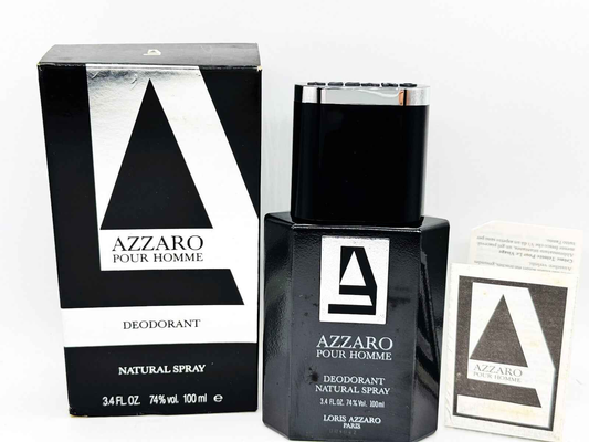 Deodorante Azzaro Pour Homme Vintage in confezione con spruzzatore da 100 ml e istruzioni