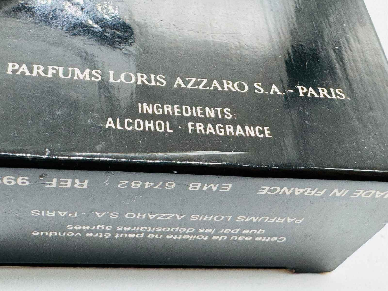 Scatola del profumo Azzaro Pour Homme Vintage con ingredienti e dettagli del marchio