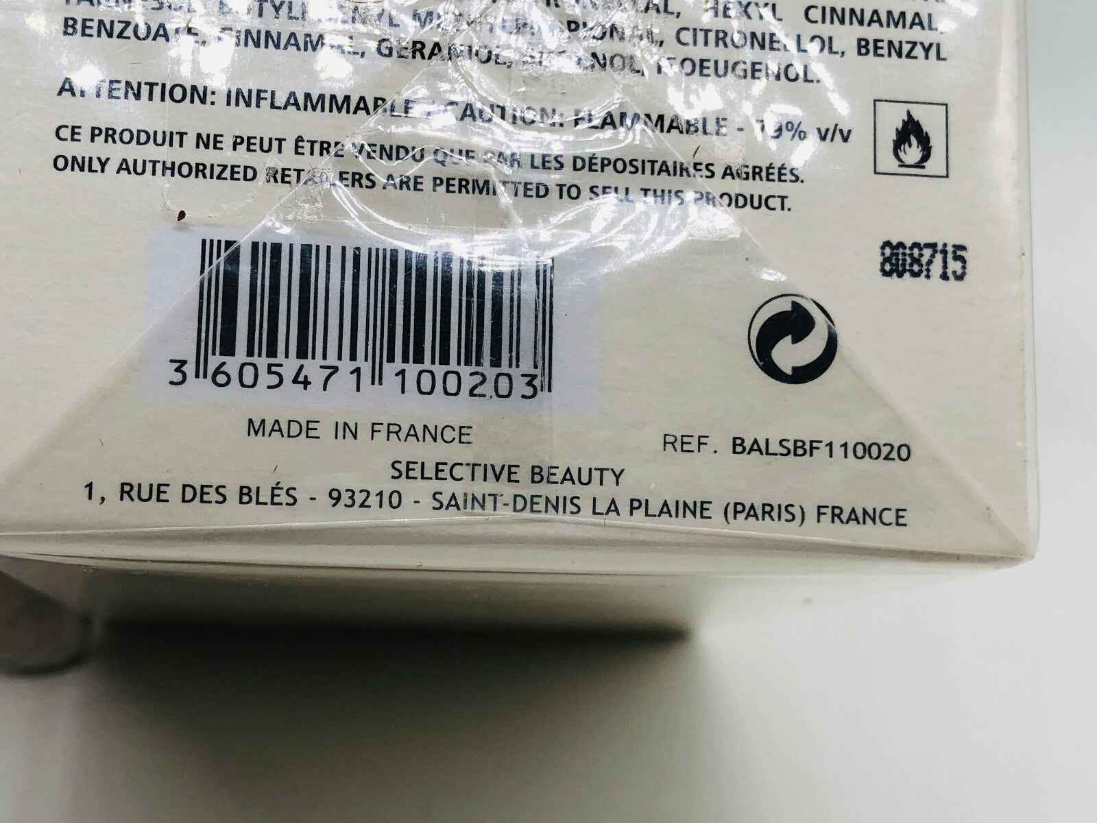 Scatola di profumo Balmain Ambre Gris Vintage con dettagli sul prodotto e codice a barre sul retro