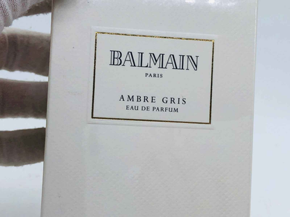 Scatola di profumo Balmain Ambre Gris Vintage con etichetta elegante e dettagli raffinati