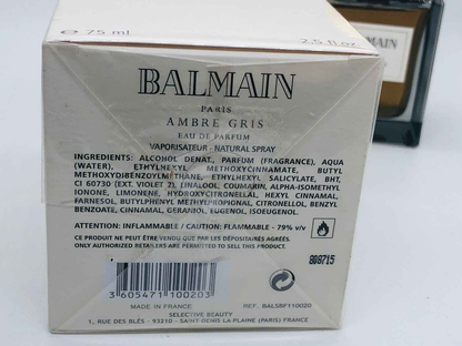 Scatola di profumo Balmain Ambre Gris Vintage da 75 ml con ingredienti e design elegante