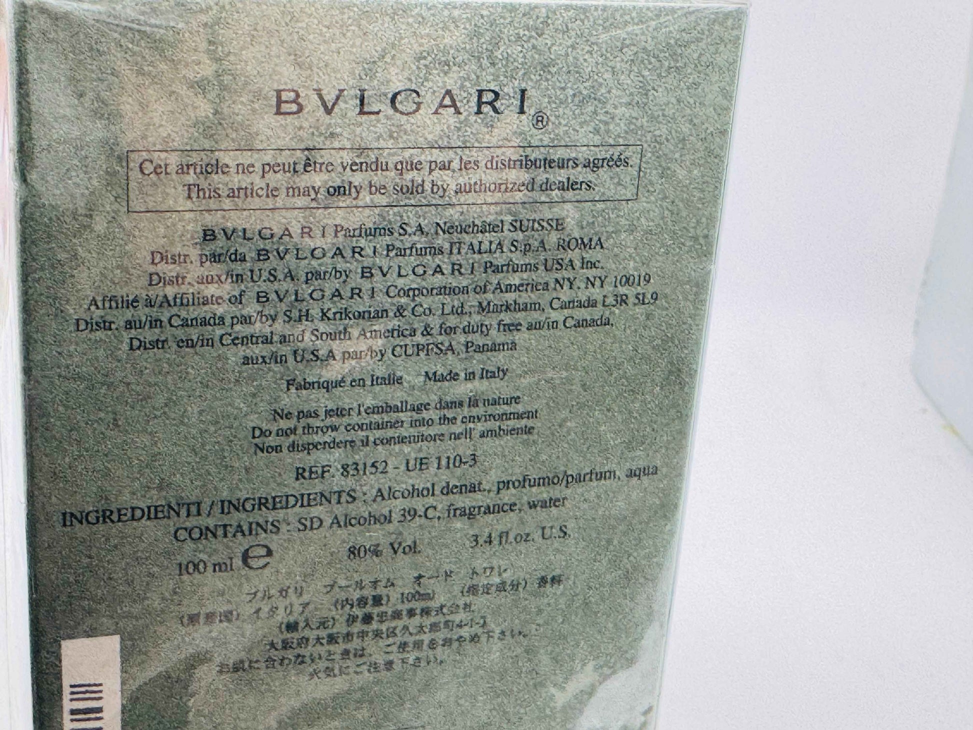 Scatola del profumo Bulgari Pour Homme Vintage da 100 ml con dettagli sui componenti e sull'origine