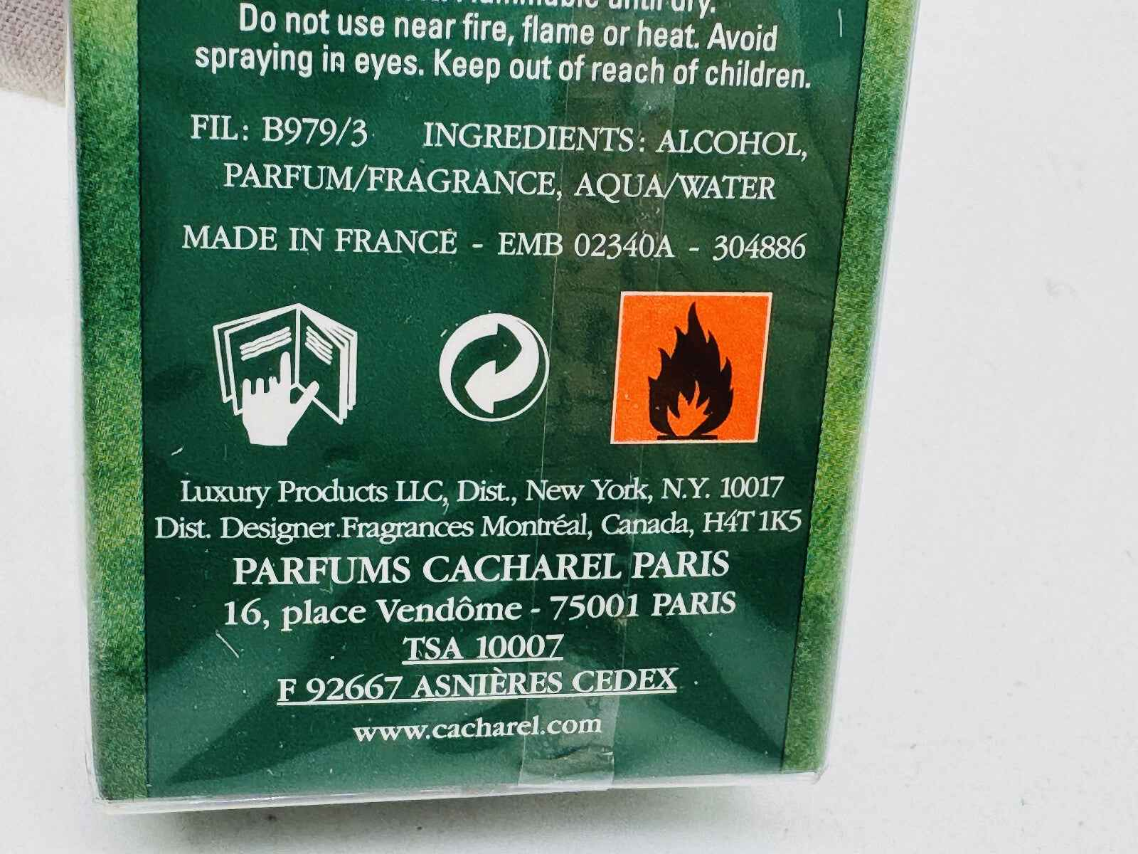 Scatola del profumo Eden Cacharel Vintage con ingredienti e avvertenze sul retro