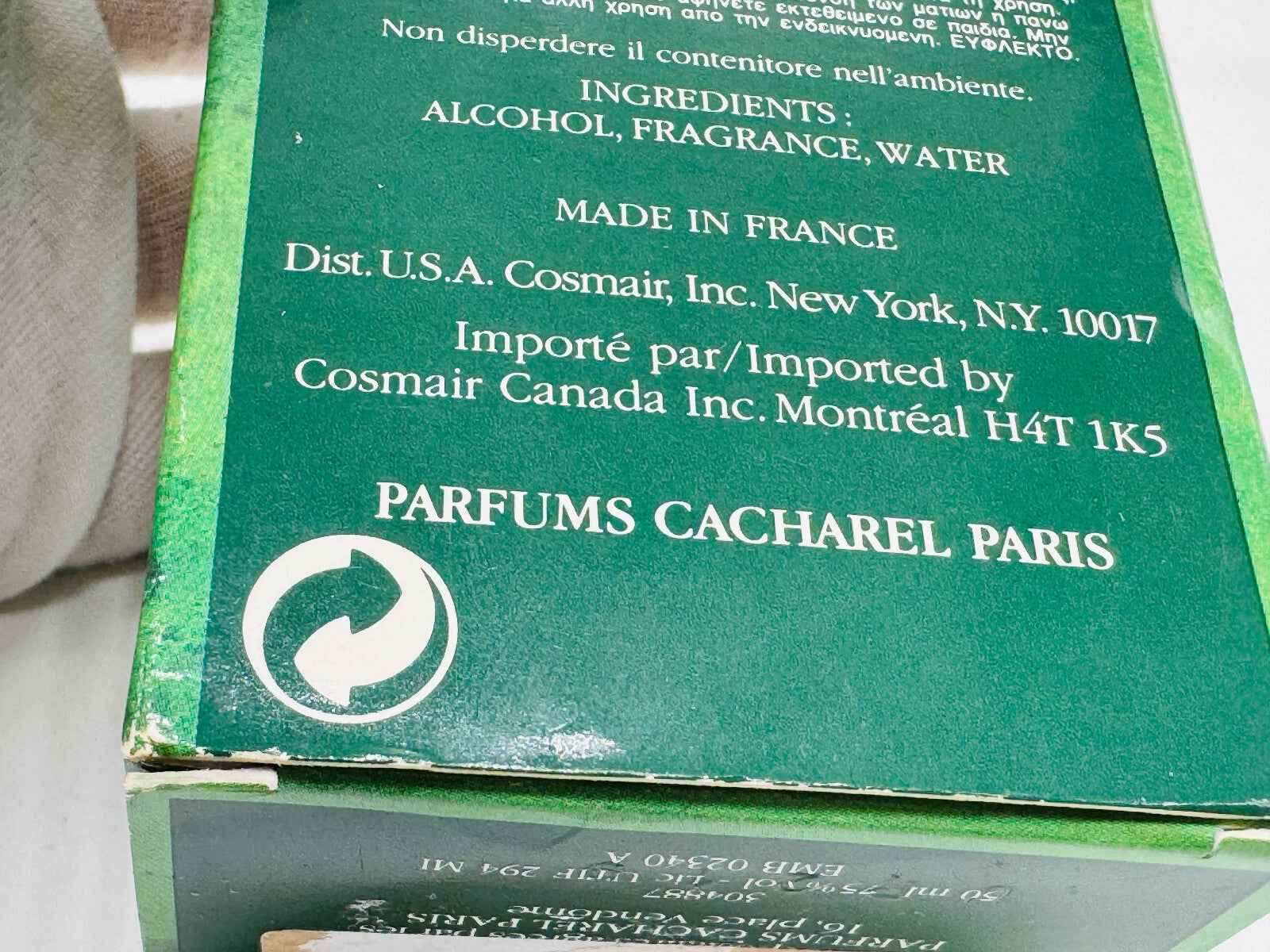 Scatola del profumo Eden Cacharel Vintage con ingredienti e informazioni di produzione in francese