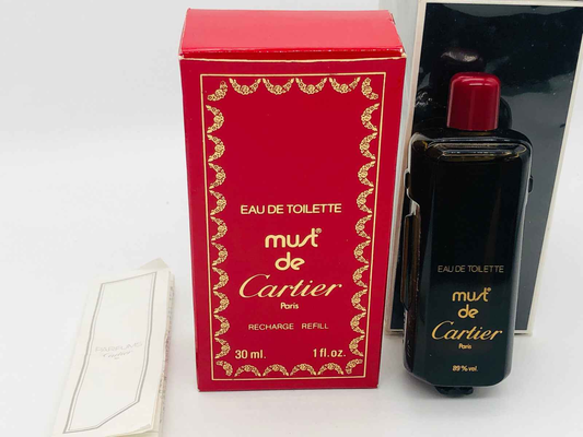 Profumo Must De Cartier Vintage in flacone da 30 ml con confezione rossa e nera elegante