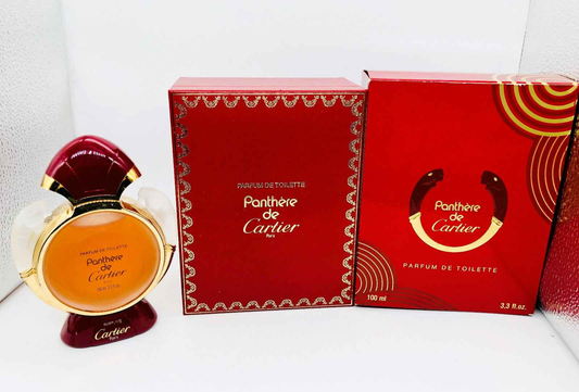 Profumo Panthere Cartier Vintage in bottiglia elegante con confezione rossa e dettagli dorati