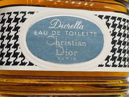 Flacone di profumo Diorella Vintage di Dior, eau de toilette con etichetta blu e design elegante