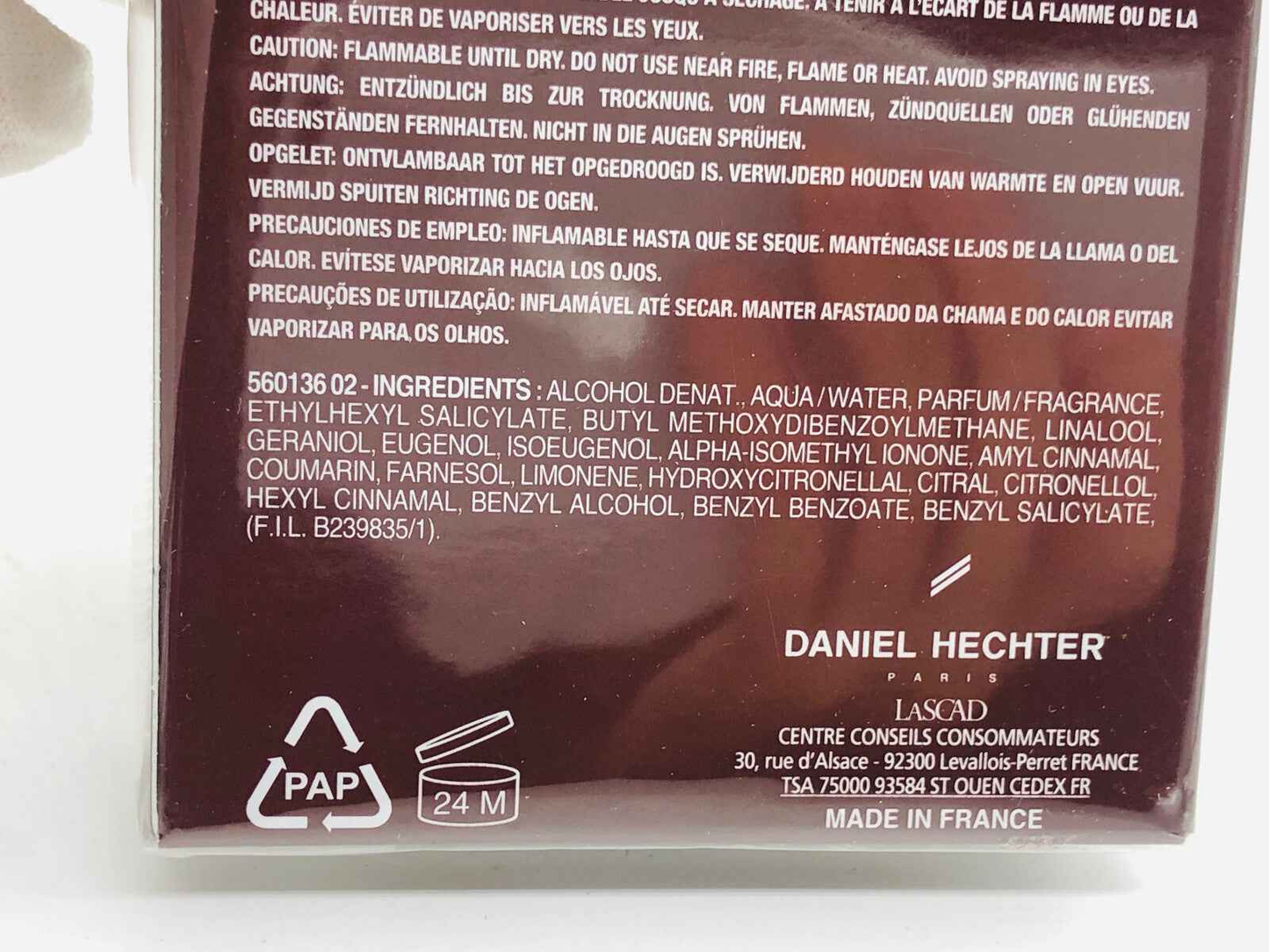 Packaging del profumo Daniel Hechter Caractere con ingredienti e informazioni sul prodotto