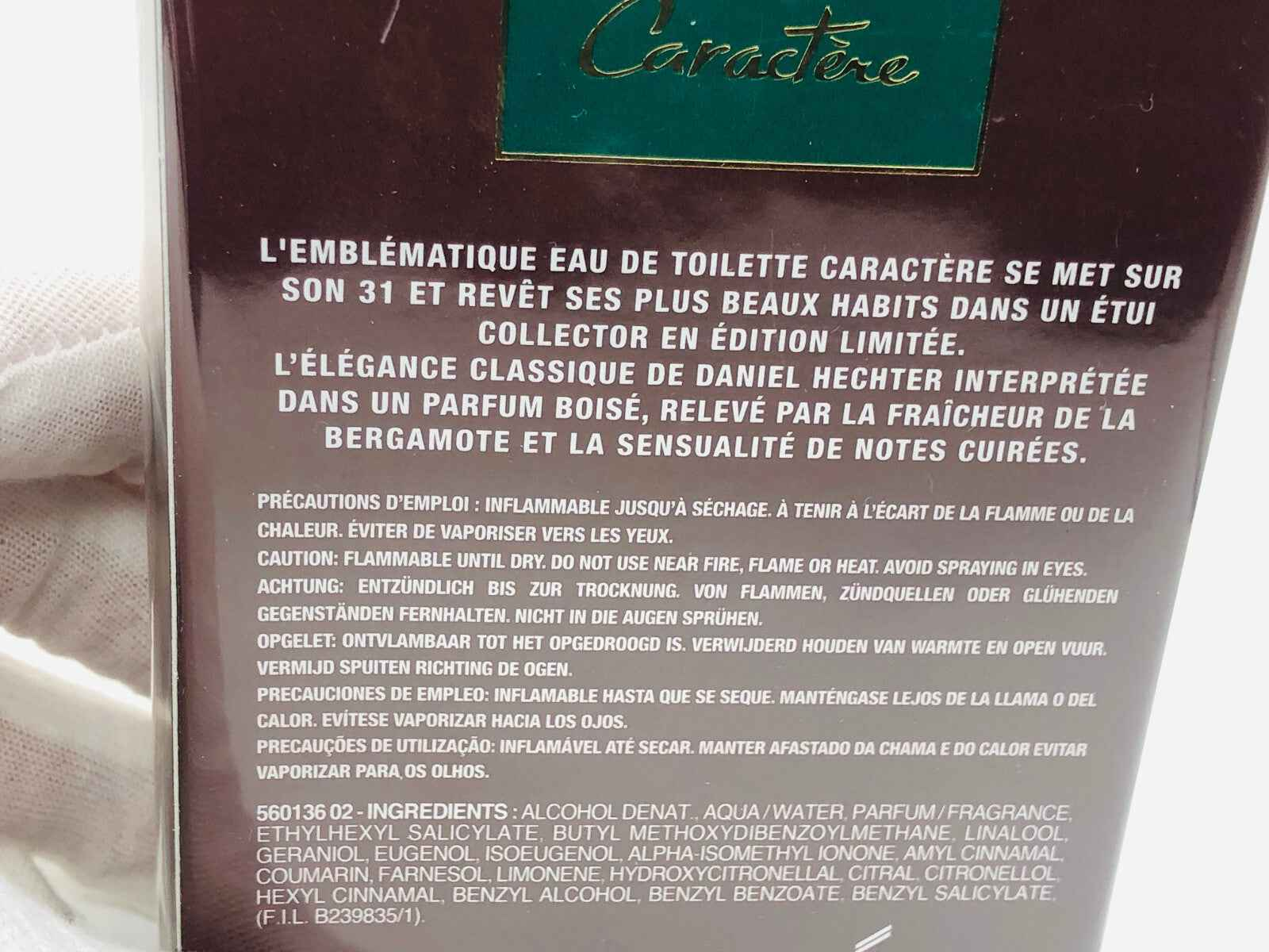 Confezione dell'eau de toilette Daniel Hechter Caractere con descrizione e ingredienti sul retro