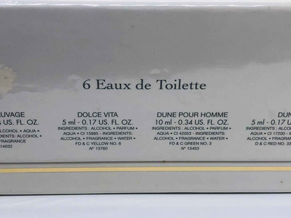 Set di 6 Eau de Toilette ScentX inclusi Dolce Vita e Dune Pour Homme, in confezione elegante per ogni occasione