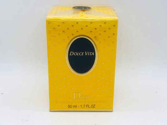 Scatola di profumo Dolce Vita Dior da 50 ml con design giallo e dettagli in rilievo