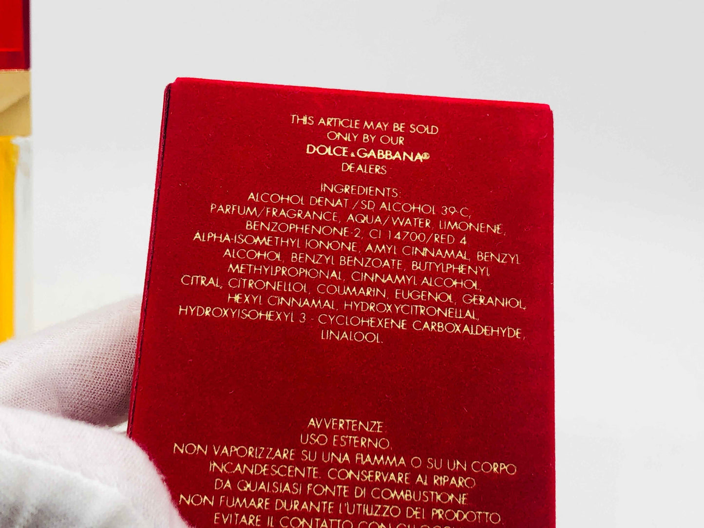 Scatola del Profumo Dolce E Gabbana Classico con ingredienti e avvertenze dettagliate
