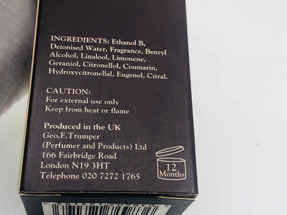 Scatola del Profumo Eau De Quinine di Geo F Trumper con ingredienti e informazioni sul prodotto