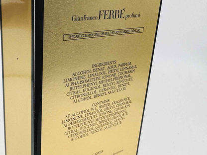 Scatola del profumo Gianfranco Ferre Pour Homme con ingredienti e dettagli sul prodotto in oro