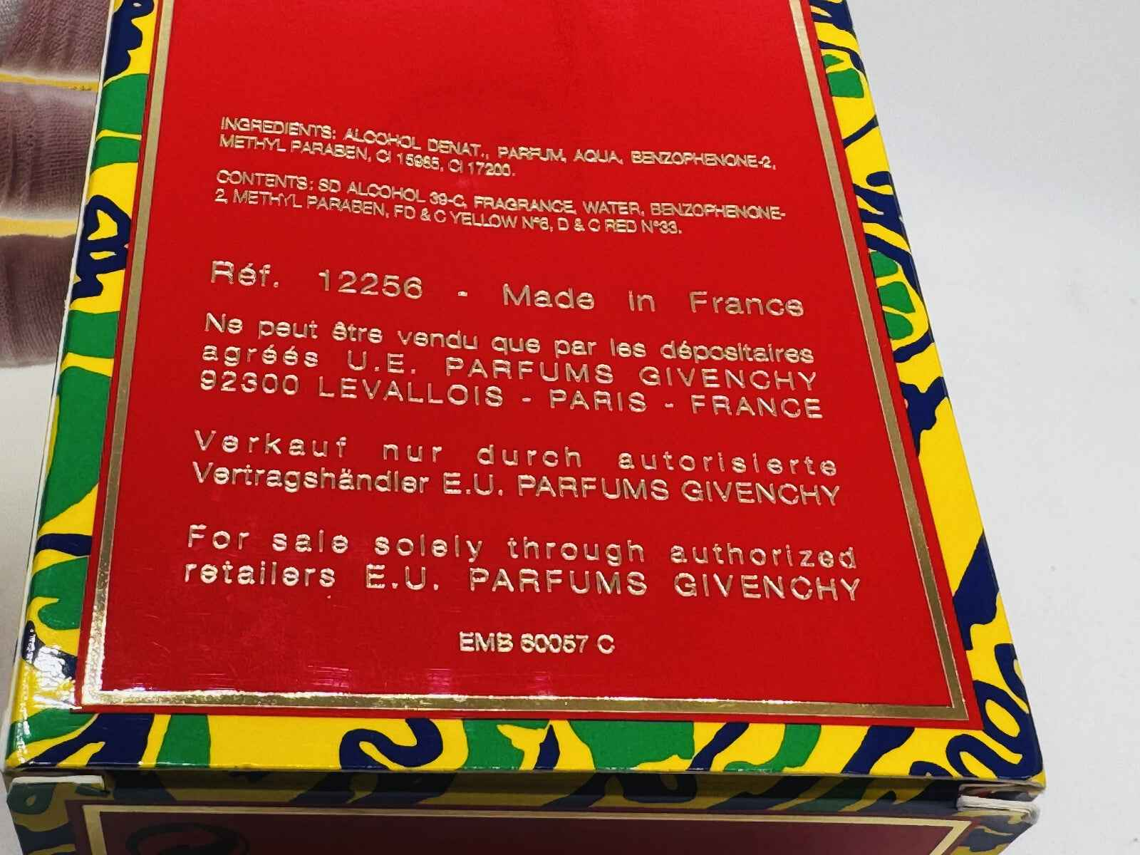Scatola del profumo Givenchy Amarige Vintage con dettagli dei contenuti e istruzioni di vendita