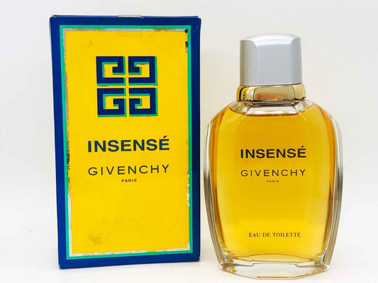 Profumo Givenchy Insense Vintage in bottiglia trasparente con confezione gialla e blu