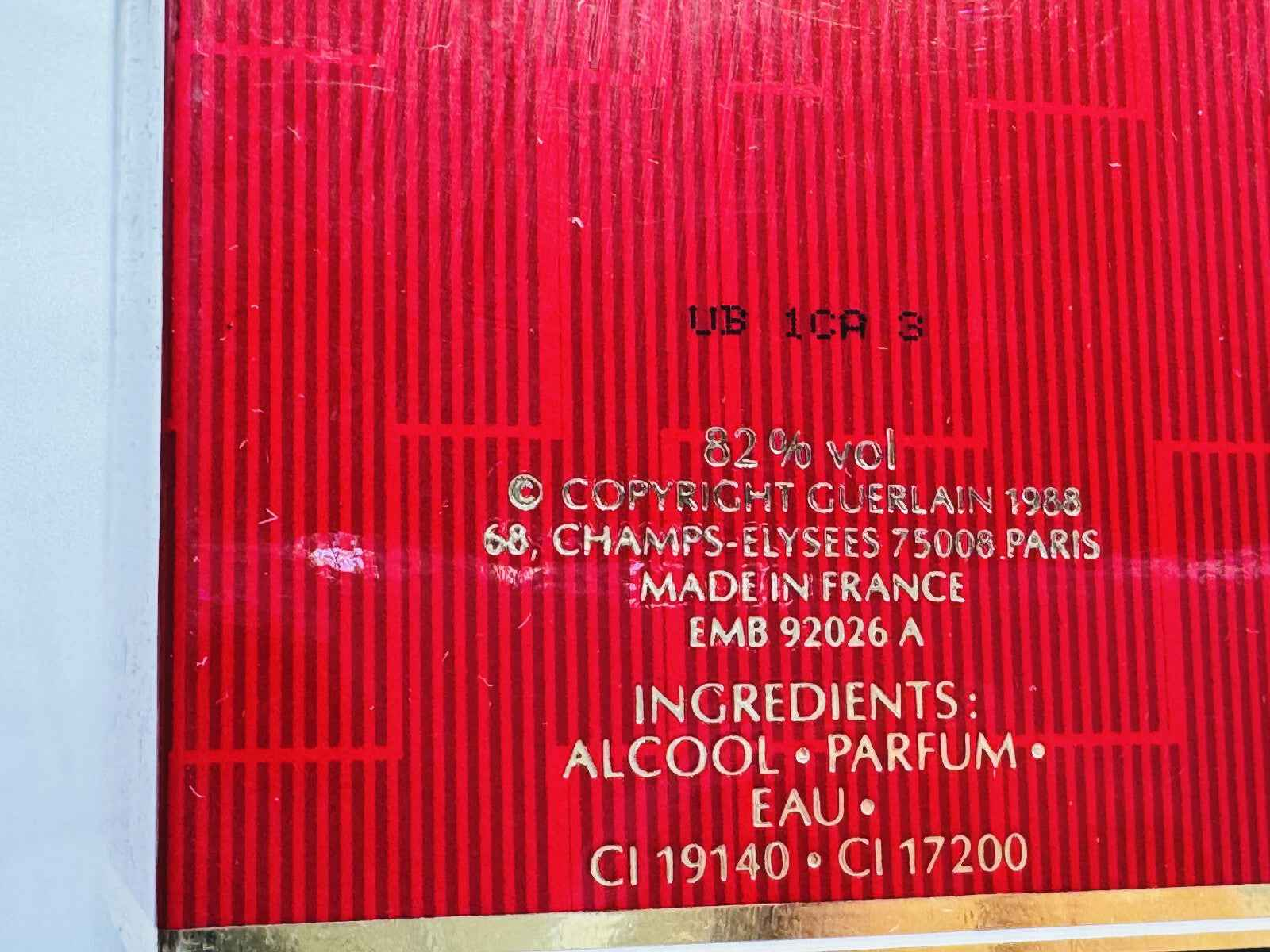 Dettagli del retro della bottiglia di Profumo Guerlain Samsara Vintage con ingredienti e informazioni sul prodotto