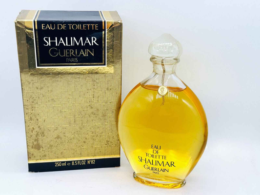 Bottiglia di profumo Guerlain Shalimar Vintage con confezione elegante e profumo dorato da 250 ml